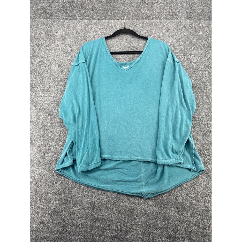 We The Free People Top Womens Medium Teal Blue V-Neck Long Sleeve Slouchy Tee M